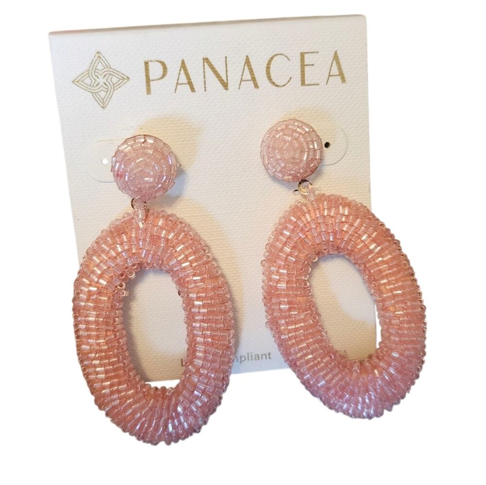 Panacea Beaded Oval Drop Dangle Earrings in Gold and Light Pink NWT